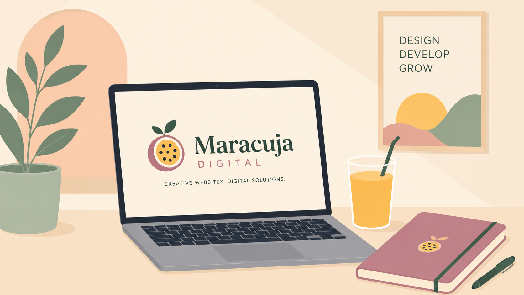 Bureau de travail avec ordinateur, carnet et jus de fruit